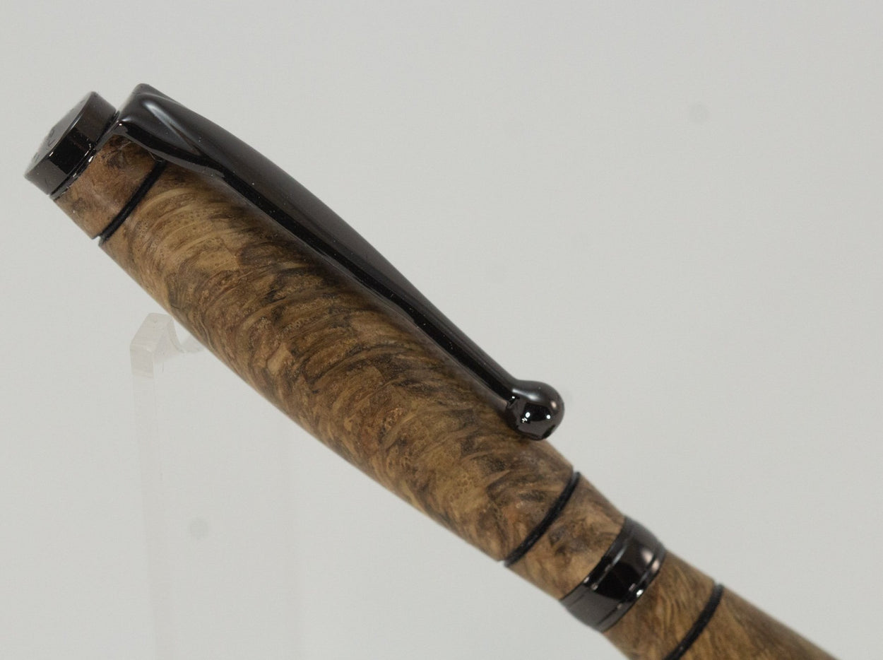 This handcrafted pen is made from hardwood, providing a firm and comfortable grip. The clip and rings on the cap, barrel, and tip enhance the pen’s beauty. This classic twist pen, the Slimline is an all-time favorite. Quality components like the Swiss-made carbide writing tip make the Slimline pen a fantastic writing choice.