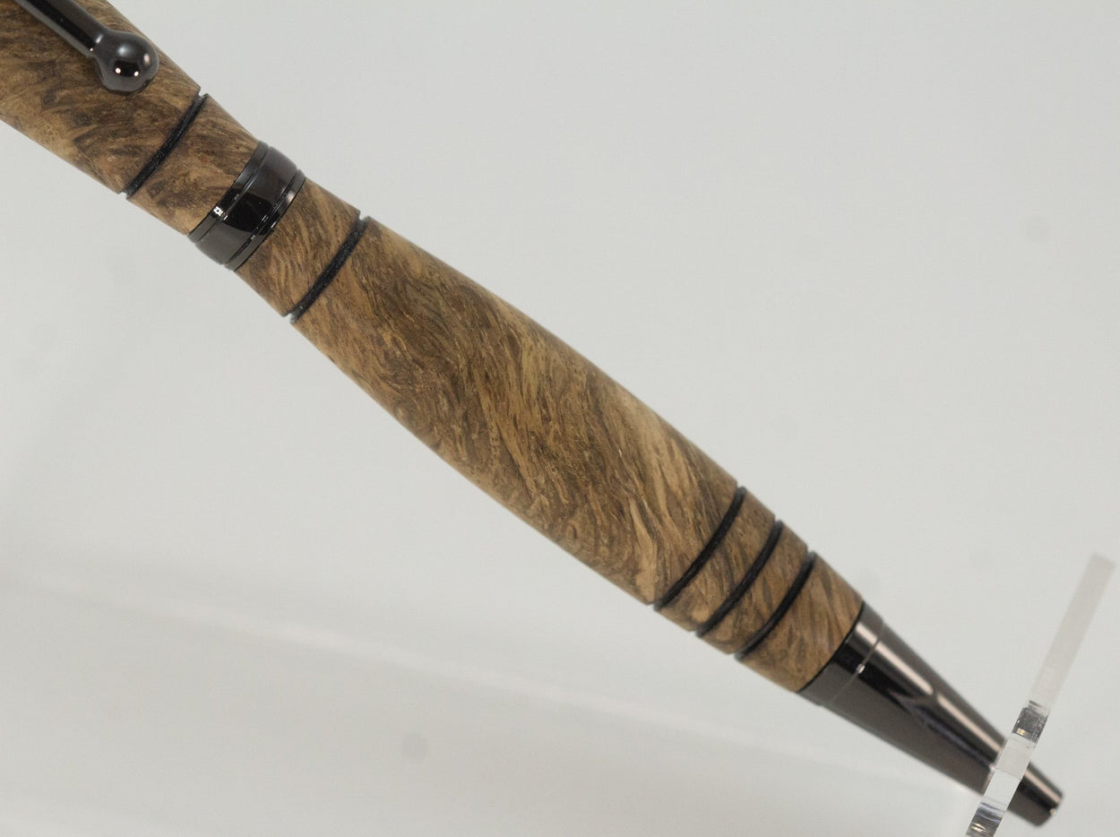 This handcrafted pen is made from hardwood, providing a firm and comfortable grip. The clip and rings on the cap, barrel, and tip enhance the pen’s beauty. This classic twist pen, the Slimline is an all-time favorite. Quality components like the Swiss-made carbide writing tip make the Slimline pen a fantastic writing choice.