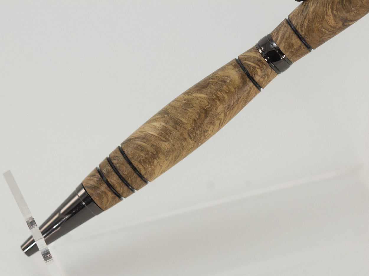 This handcrafted pen is made from hardwood, providing a firm and comfortable grip. The clip and rings on the cap, barrel, and tip enhance the pen’s beauty. This classic twist pen, the Slimline is an all-time favorite. Quality components like the Swiss-made carbide writing tip make the Slimline pen a fantastic writing choice.