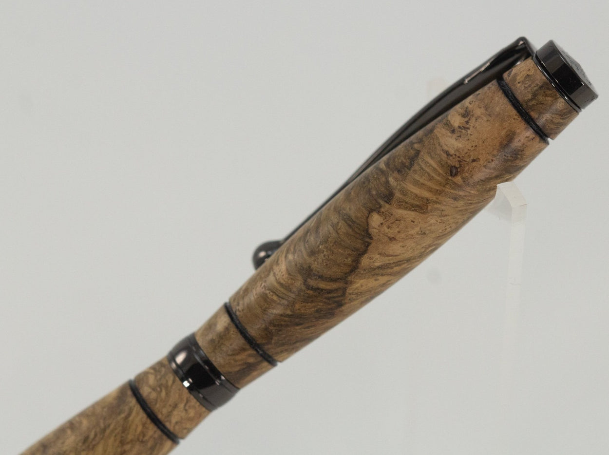 This handcrafted pen is made from hardwood, providing a firm and comfortable grip. The clip and rings on the cap, barrel, and tip enhance the pen’s beauty. This classic twist pen, the Slimline is an all-time favorite. Quality components like the Swiss-made carbide writing tip make the Slimline pen a fantastic writing choice.